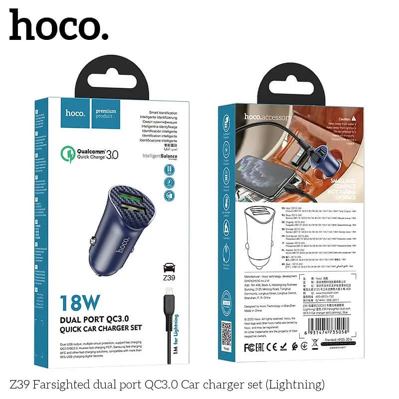 Адаптер автомобільний HOCO lightning cable Farsighted dual port Z39 синій - фото 2