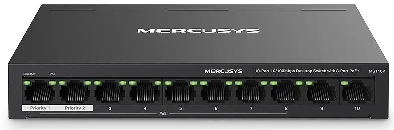 Комутатор Mercusys MS110P 10-портовий 10/100 Мбіт/с (8 портів PoE+), 2xLAN 10/100Mbit, метал