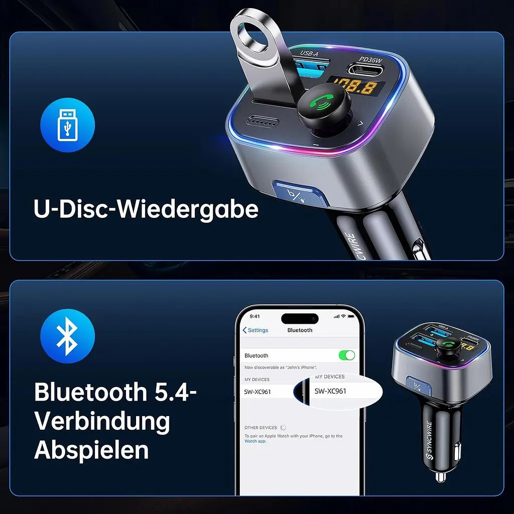 FM-трансмітер SYNCWIRE Bluetooth 5.3 з автозарядкою 48W та LED дисплеєм - фото 6