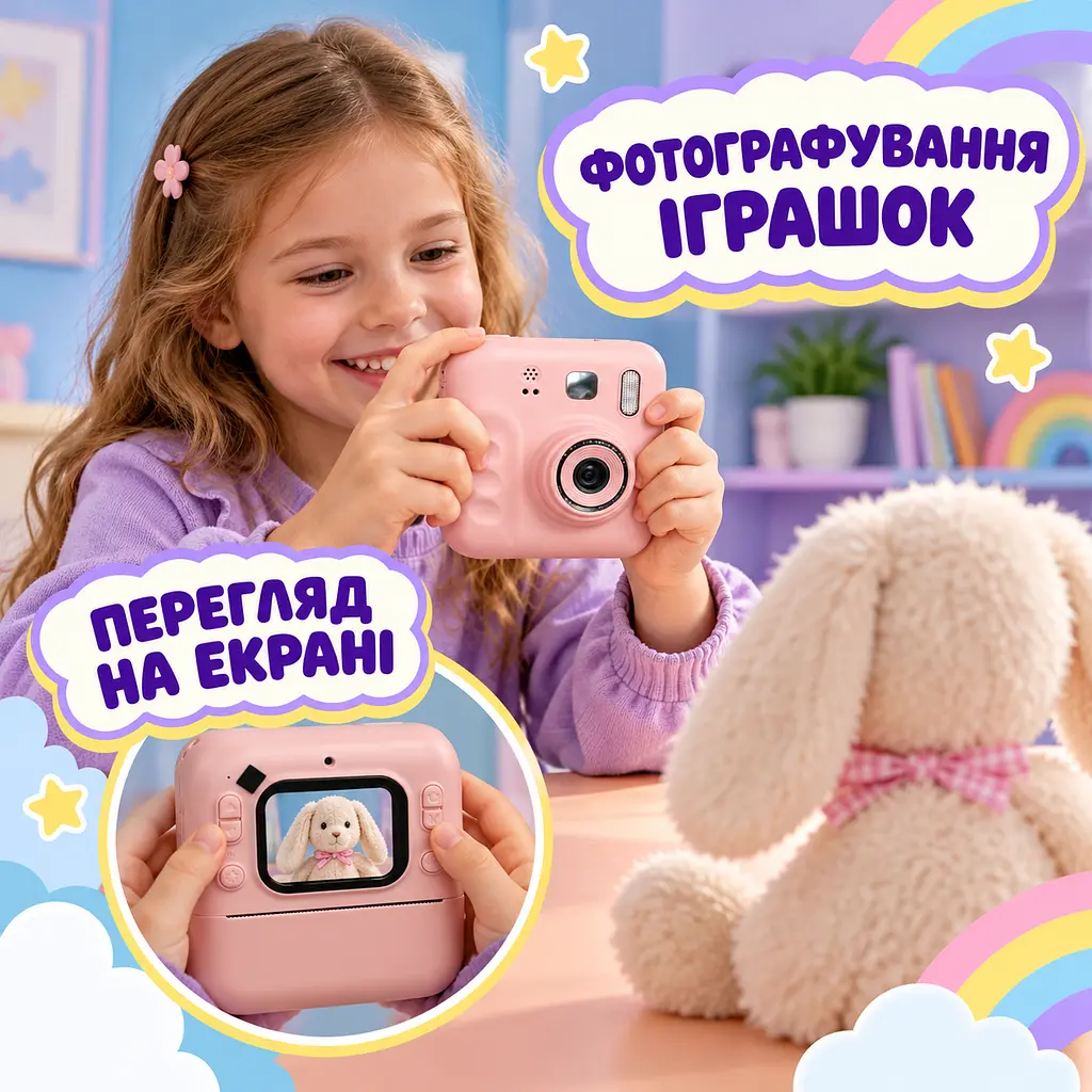 Детский фотоаппарат Camera с моментальной печатью черно-белых фото и экраном розовый (52836223) - фото 8