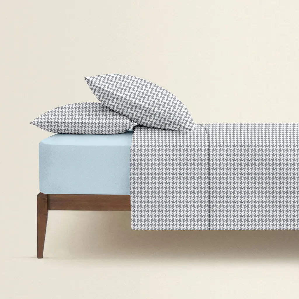 Комплект постільної білизни Cosas євро з простирадлом на резинці HOUNDSTOOTH CS7 200 x 220 см (TweedGreyWhite_El-58LightBlue_200) - фото 2