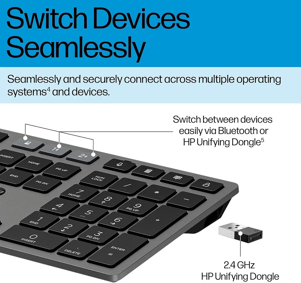 HP Клавіатура мембранна 720 Multi-Device Rechargeable, 109key, WL/BT, EN/UK, чорний - фото 10