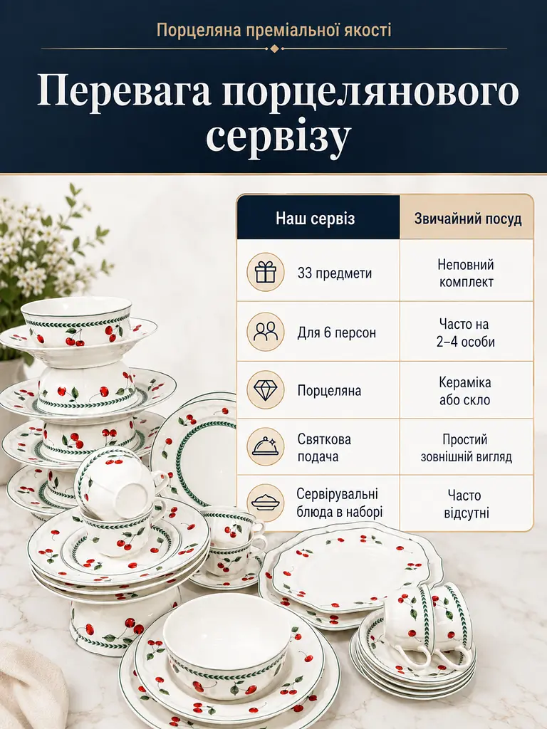 Столовий сервіз із порцеляни 33 предмети на 6 персон білий з вишнями (37261980) - фото 5