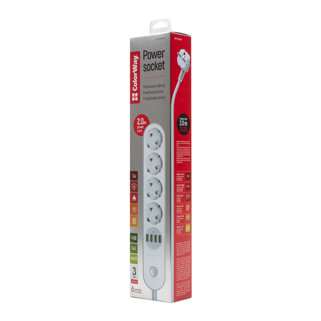 Мережевий фільтр живлення ColorWay CW-CHE44W, 4 розетки/4USB White 2M (CW-CHE44W) - фото 7
