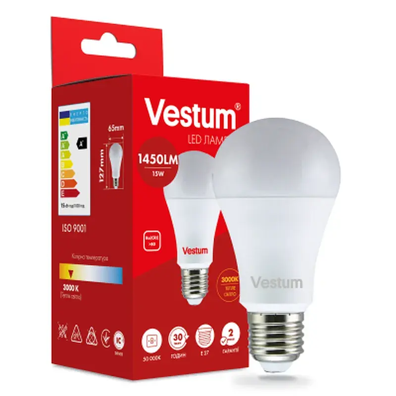 Лампочка Vestum LED A65 15W 3000K 220V E27 (1-VS-1102) - фото 2