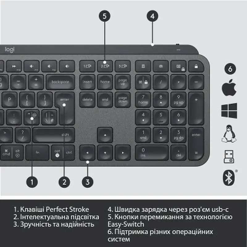 Клавіатура Logitech MX Keys Advanced for Business Wireless Illuminated UA Graphite (920-010251) - фото 10