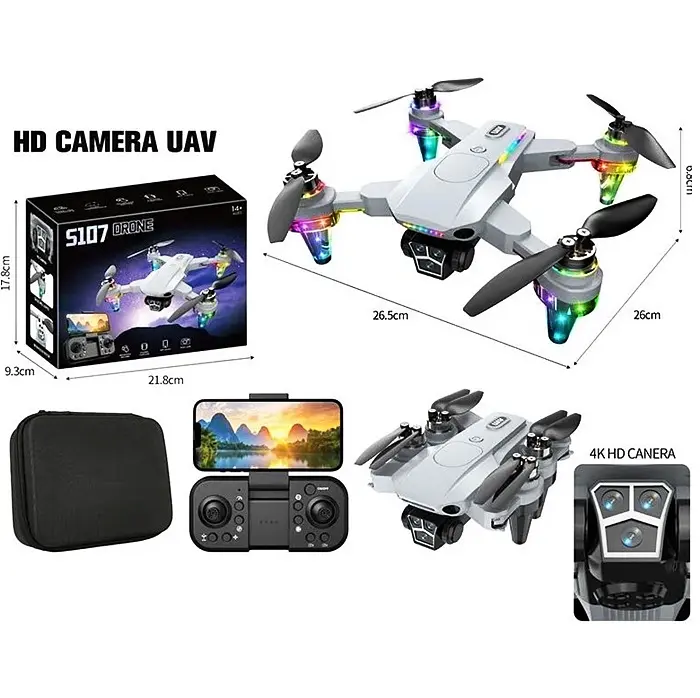 Квадрокоптер S 107 DRONE на р/к знімний акумулятор, USB-кабель, пульт, підсвічування, 4К HD камера, сумка, в коробці (6980233080229) - фото 3
