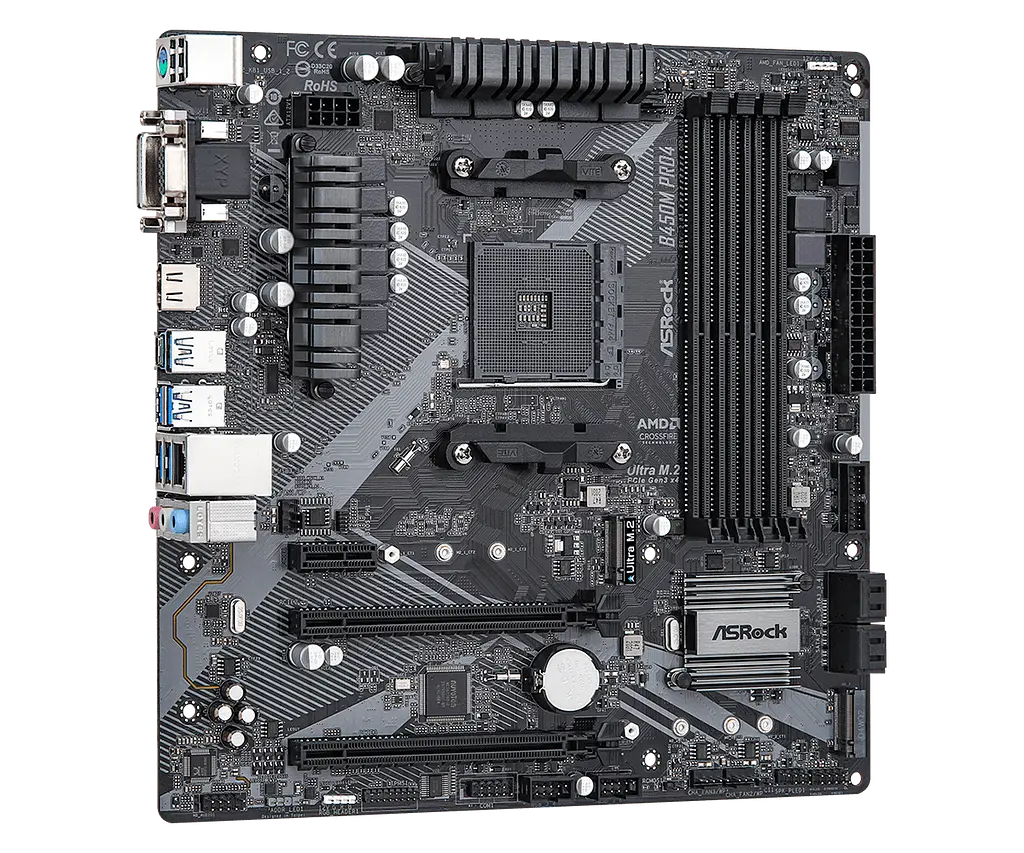Мат.плата AM4 (B450) AsRock B450M Pro4 R2.0, B450, 4xDDR4, CrossFire, Int.Video(CPU), 4xSATA3, 1xM.2, 1xPCI-E 16x 3.0, 1xPCI-E 16x 2.0, 1xPCI-E 1x 2.0, ALC892, RTL8111H, 8xUSB3.2/4xUSB2.0, VGA/DVI-D/HDMI, MicroATX - фото 3