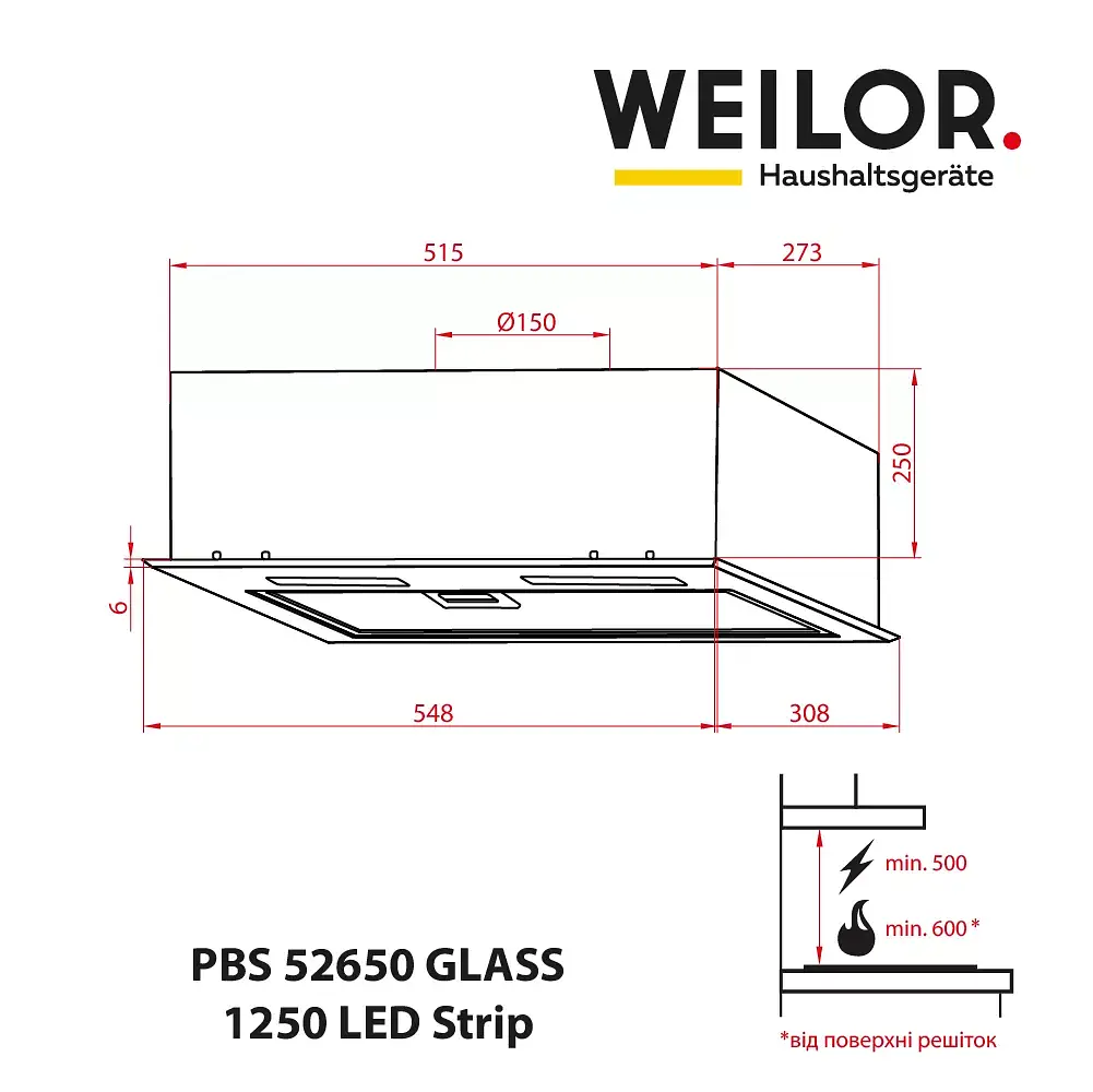 Витяжка повновбудована WEILOR PBS 52650 GLASS BL 1250 LED Strip - фото 11