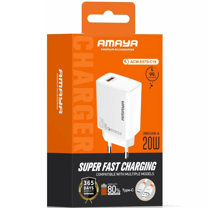 СЗУ Amaya E57S QC3.0 20W (1USB-A) + кабель USB to Type-C White - фото 2