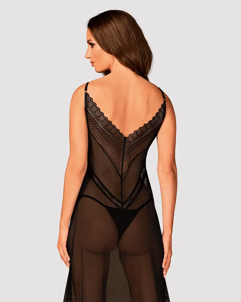 Напівпрозора довга сорочка Obsessive Estiqua chemise M/L, чорний, асиметричний крій - фото 2