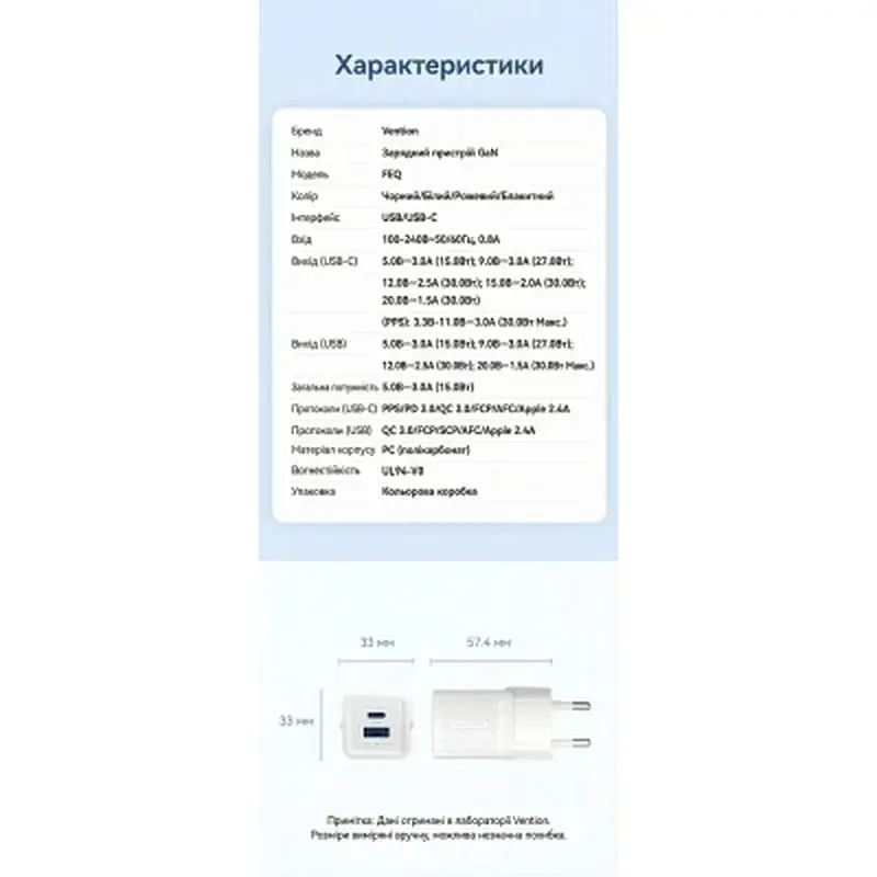 Зарядний пристрій Vention 1xUSB-C PD30W + 1xUSB QC3.0 30W GaN white (FEQW0-EU) - фото 10