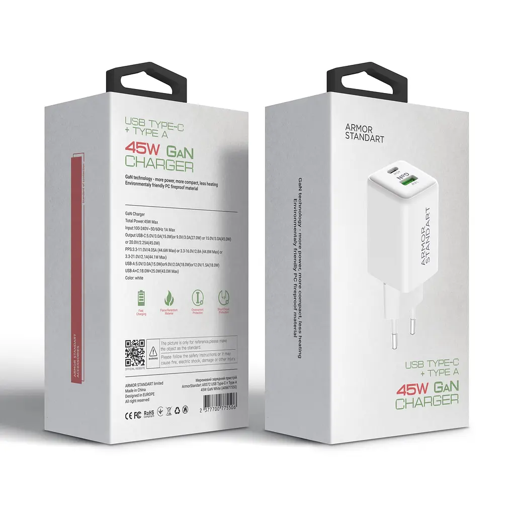 Зарядний пристрій AR372 GaN 45W White, 2 порти USB-C і USB-A, підтримка Power Delivery 3.0 і PPS, швидка зарядка для планшетів і смартфонів, ArmorStandart (ARM77550) - фото 11