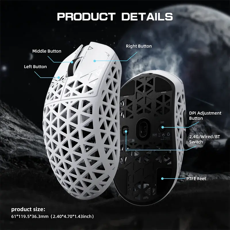Ігрова мишка ATTACK SHARK R5 Ultra / Три режими підключення / PAW3950MAX / Carbon Fiber / 39 г / White - фото 4