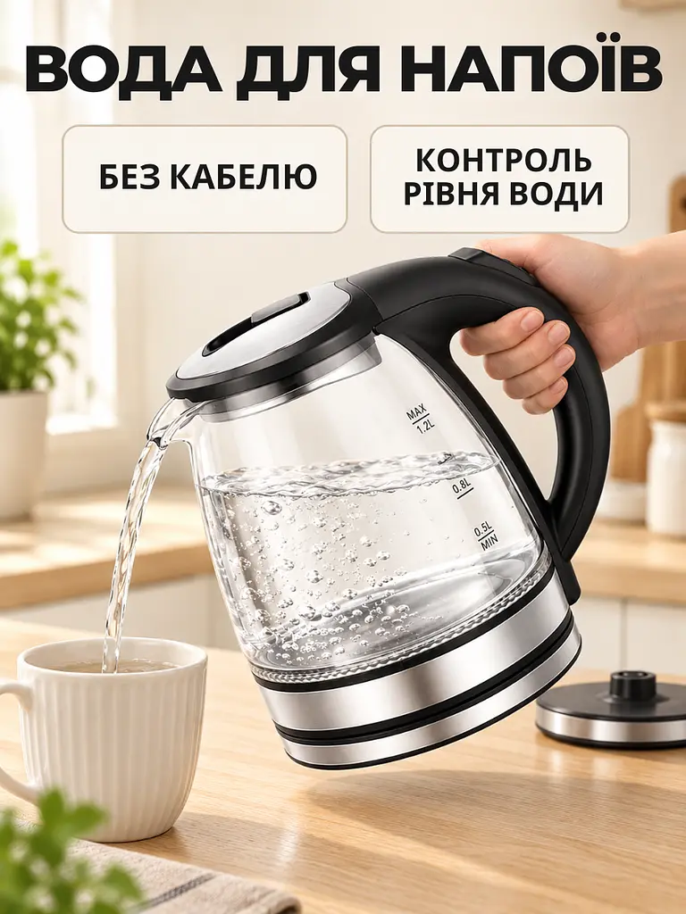 Електрочайник зі скляною колбою 1.2 л 1500 Вт з автовимкненням чорний (37261563) - фото 9