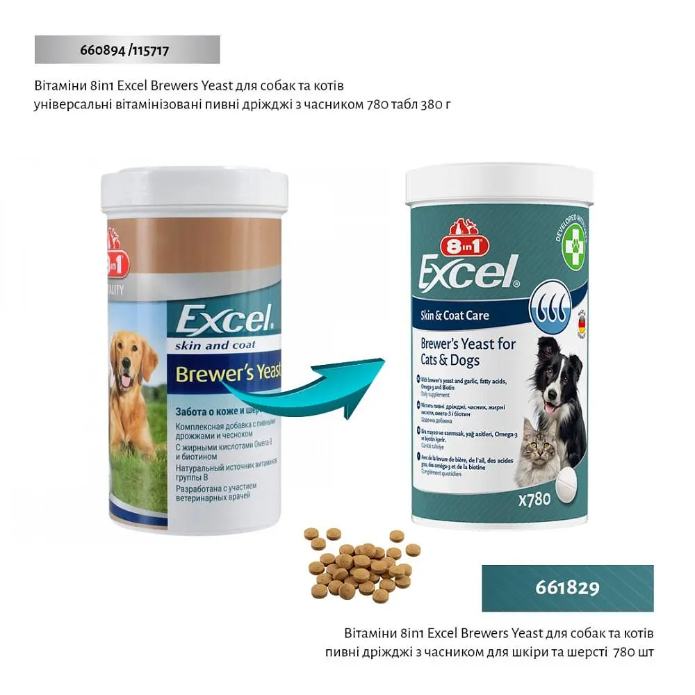 Витамины 8in1 Excel Brewers Yeast для собак и кошек, пивные дрожжи с чесноком, для кожи и шерсти 780 шт - фото 2