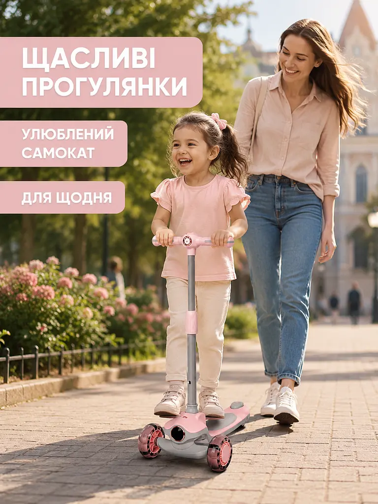Дитячий самокат триколісний рожевий з підсвічуванням коліс музикою та регульованим кермом (49675963) - фото 8
