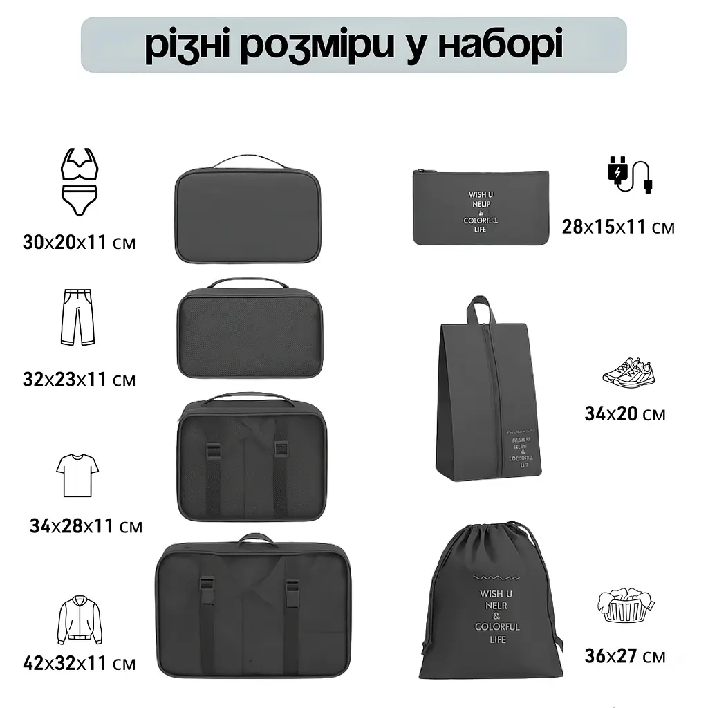 Набір дорожніх органайзерів для перевезення і зберігання речей 7в1, Комплект зручних органайзерів для валізи 7 предметів, - фото 3