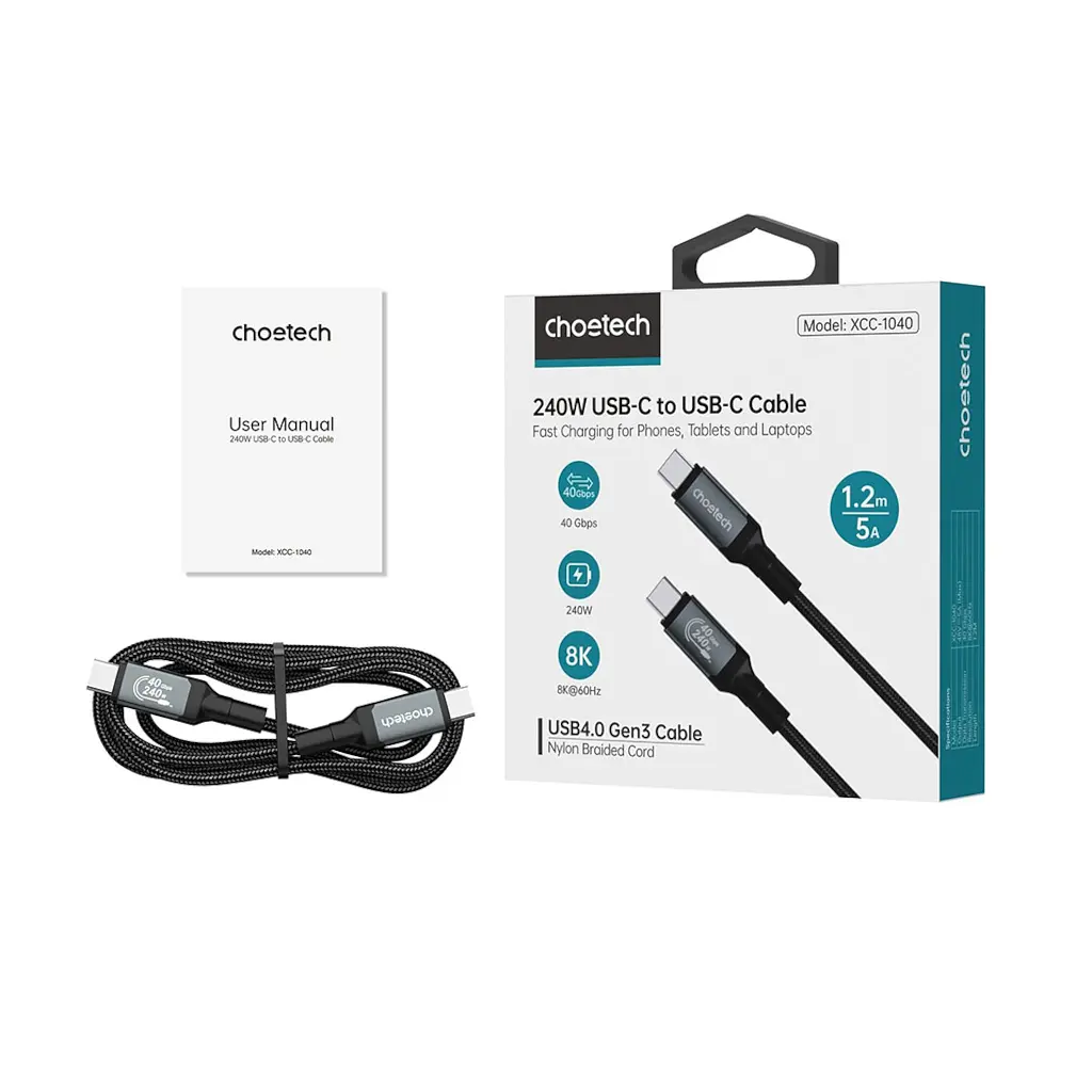 Дата кабель USB-C to USB-C 2.0m USB4 Gen 3 240W 8K Choetech (XCC-1042) - фото 3