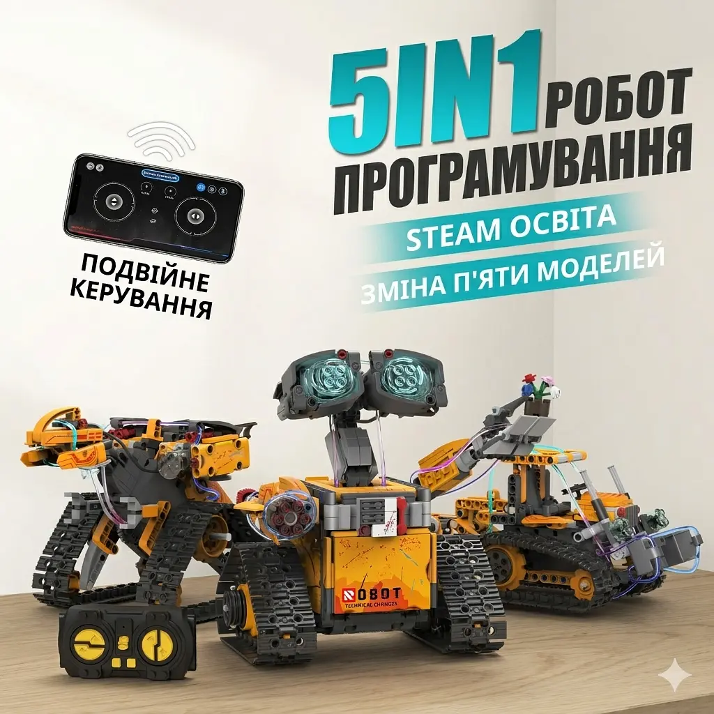 Конструктор робот програмований STEM-робот WALL-E 5 в 1 Robots  PRO з пультом і додатком робот-трансформер Валлі для дітей на радіокеруванні, 673 деталі - фото 4