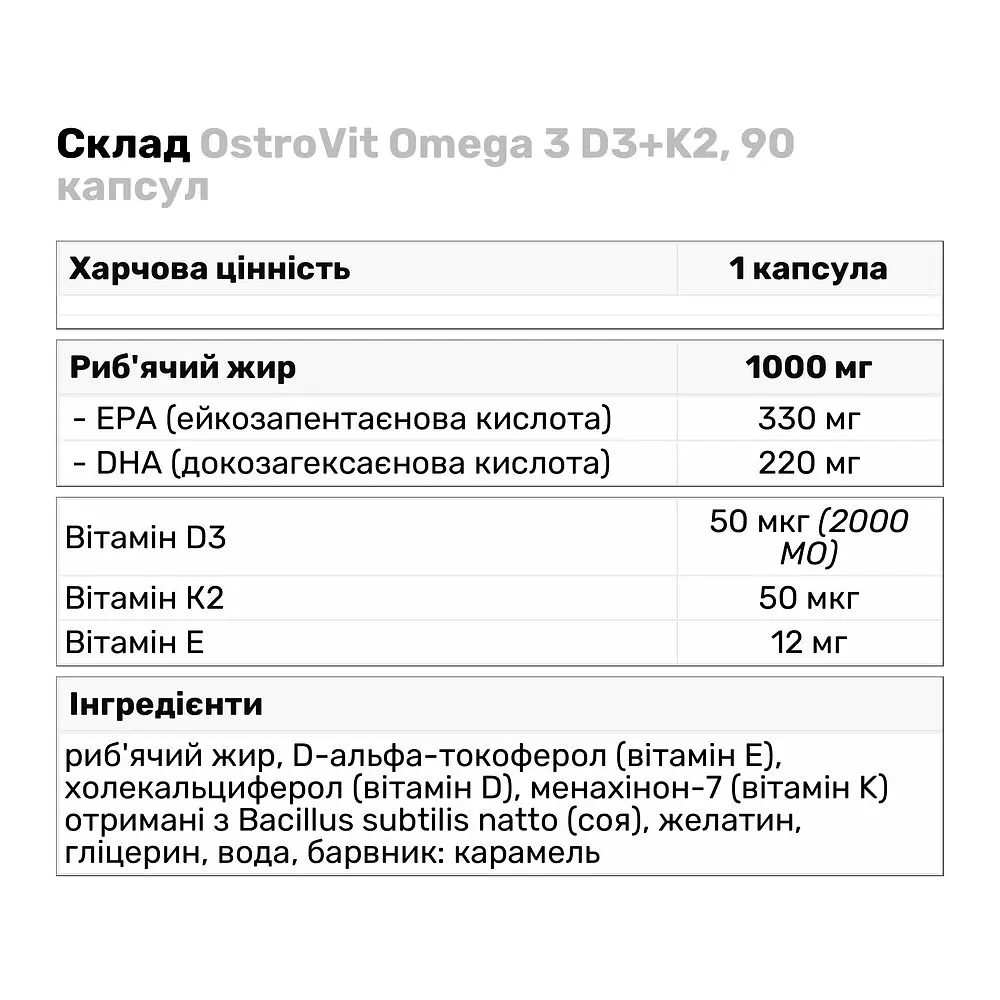 Жирні кислоти OstroVit Omega 3 D3+K2, 90 капсул - фото 4