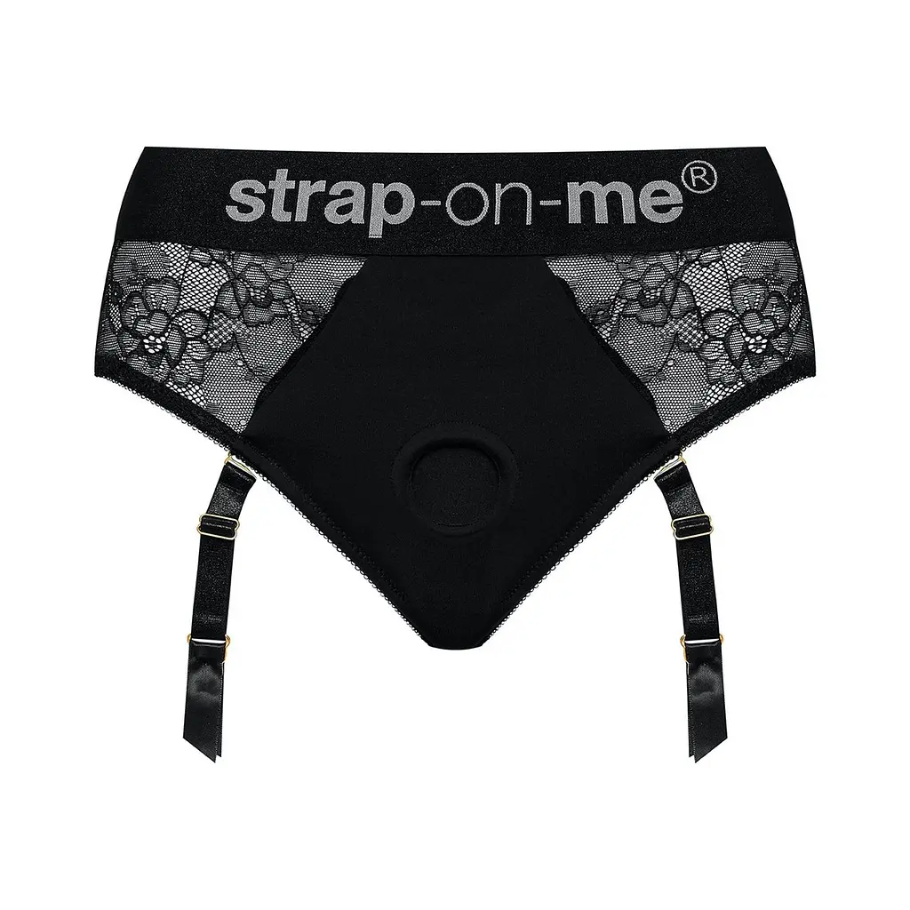 Мереживні труси для страпону з підв'язками для панчох Strap-On-Me Harness Diva XL (чорний) - фото 11