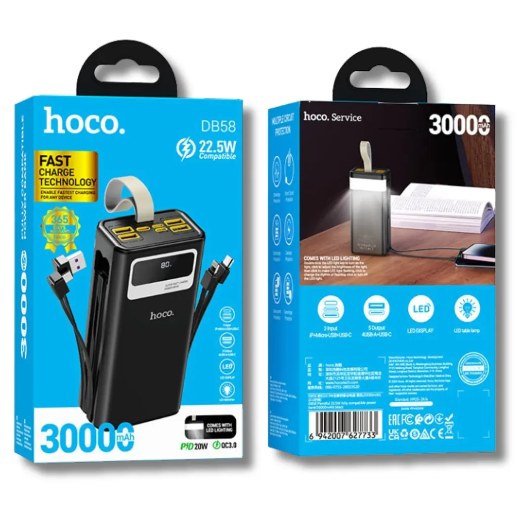 Батарея універсальна HOCO 30000mAh Plentiful 22.5W, built-in cables, LED, Black (DB58 / 715030) - фото 6