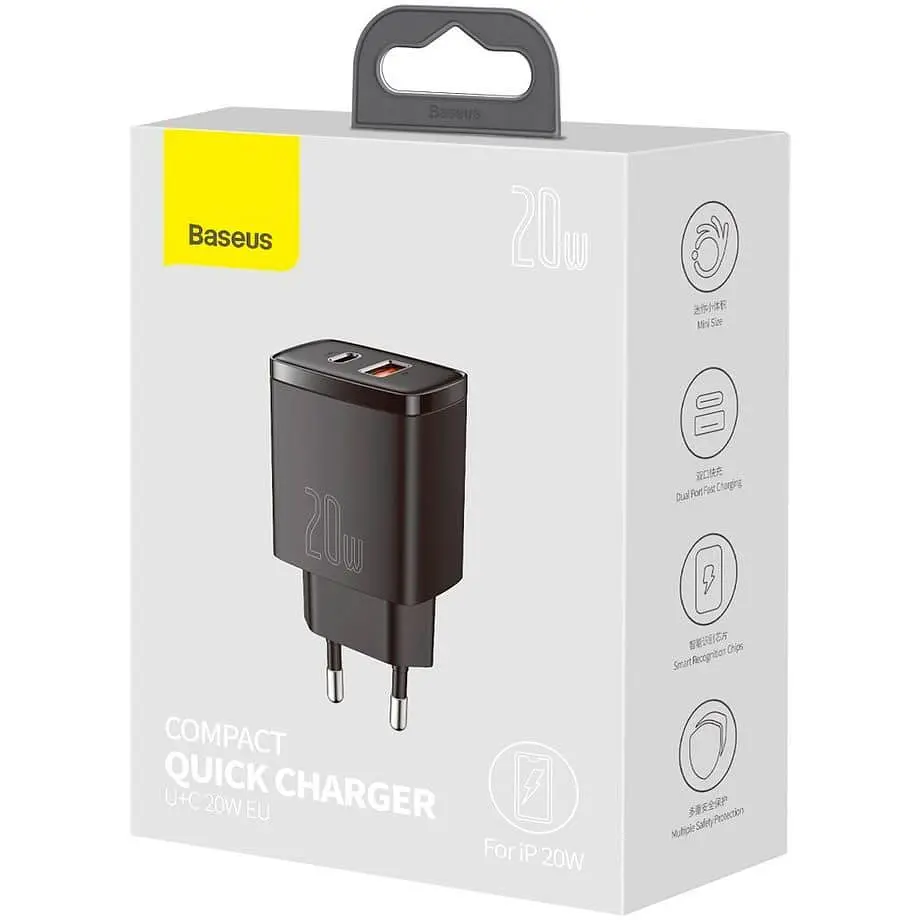 Зарядний пристрій Baseus Compact Quick Charger 20W QC+ PD (1Type-C + 1USB) black (CCXJ-B01) - фото 5