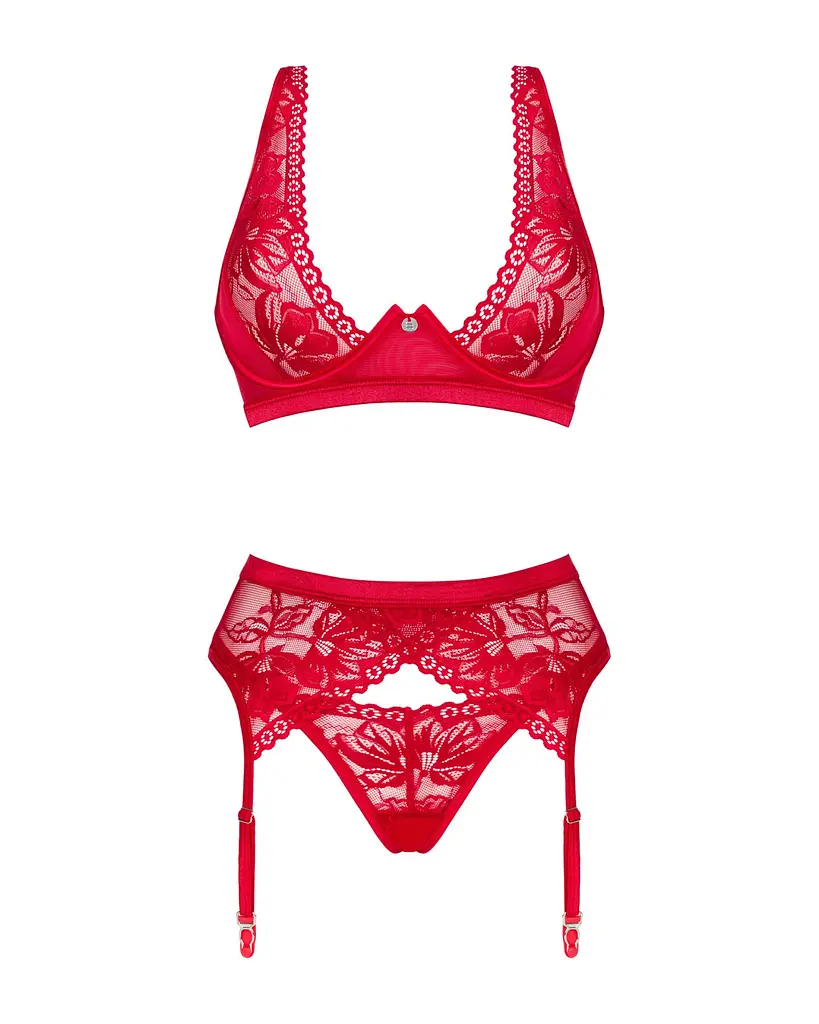 Комплект білизни Obsessive Lacelove cupless 3-pcs set M/L Red, бюстгальтер, стрінги, пояс для панчіх - фото 3