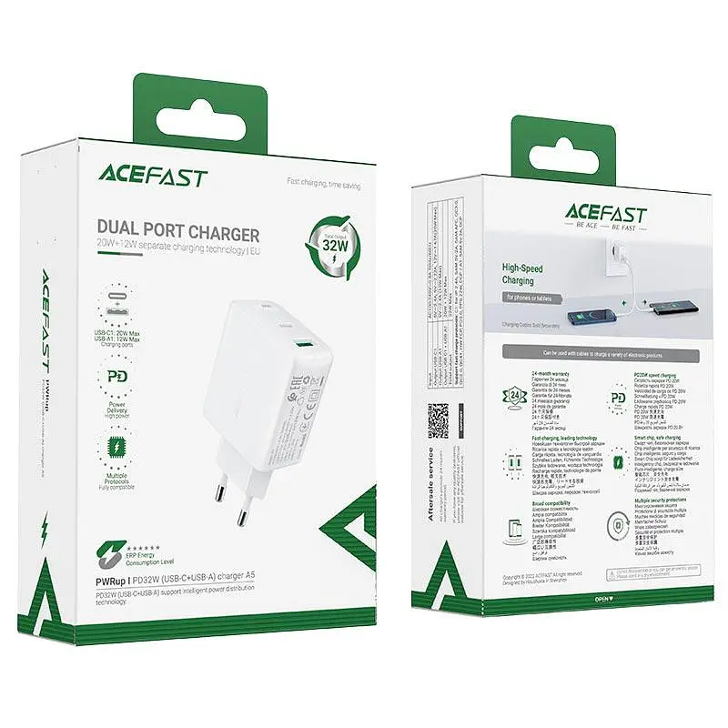 Адаптер мережевий - зарядне ACEFAST A5 2 порти 32W білий - фото 2