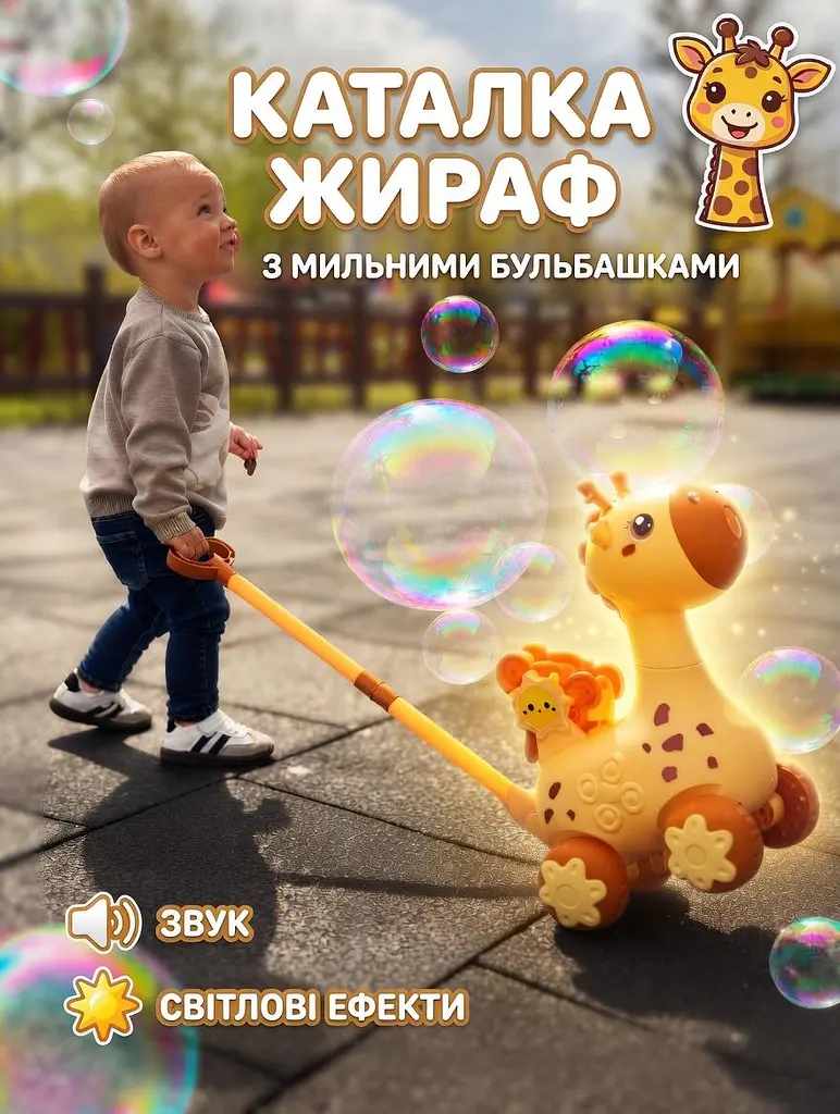 Іграшка каталка дитяча Жираф для мильних бульбашок з підсвічуванням з розчином в комплекті 2шт,  - фото 3