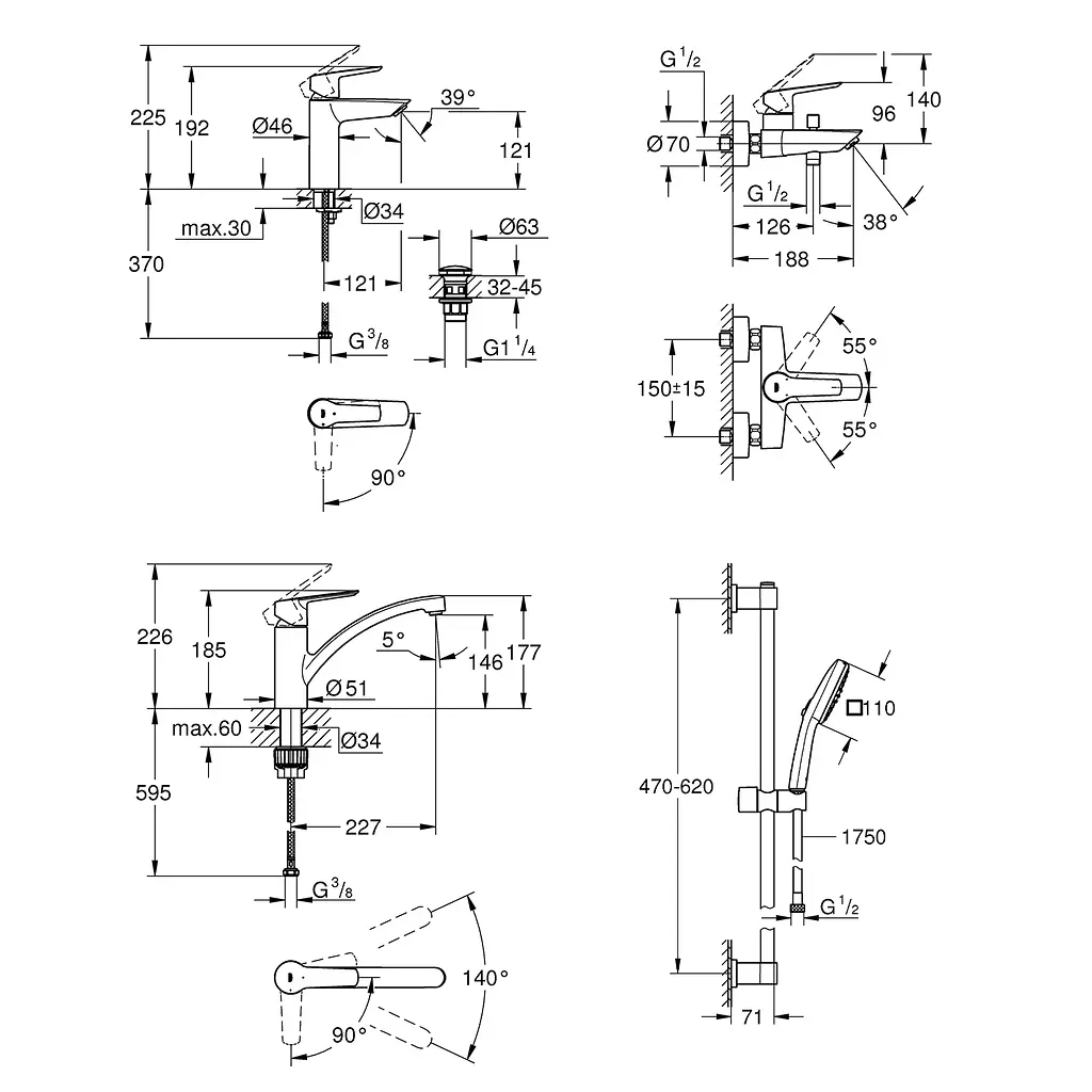 Набір змішувачів 4 в 1 для ванної кімнати та кухні Grohe QuickFix Start M-Size UA202301KE, Хром - фото 2