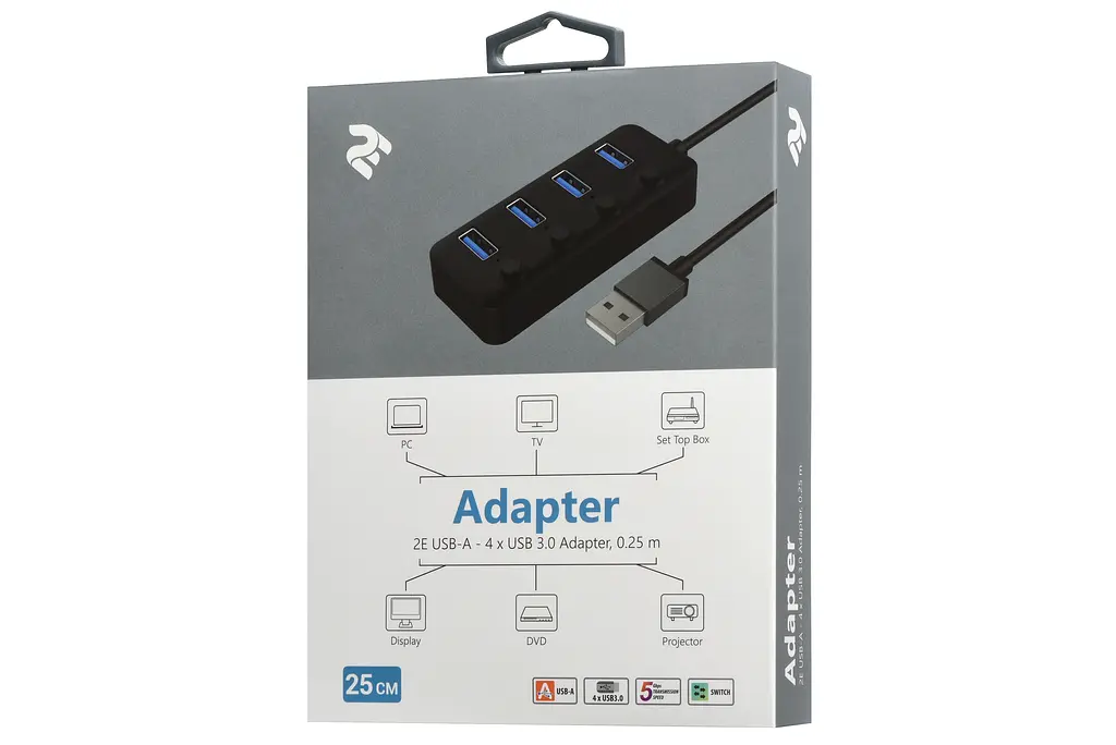 Разветвитель 2E-W1405 USB Type-A to 4 USB 3.0 Hub with switch 0.25 м - фото 3