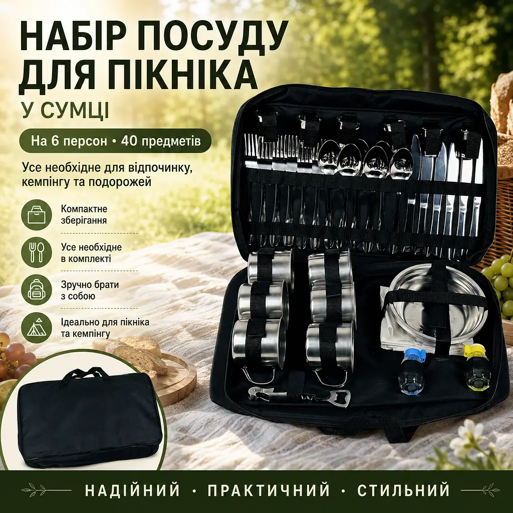 Набір посуду для пікніка на 6 персон у сумці, 40 предметів, нержавіюча сталь зі скатертиною - фото 2
