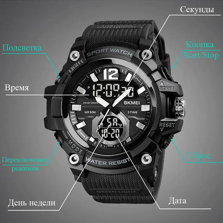 Чоловічий спортивний наручний годинник Skmei 1725 (Чорні) - фото 10