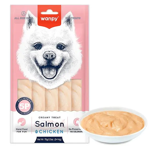 Wanpy Creamy Lickable Treat Salmon&Chicken ВАНПІ ЛОСОСЬ КУРКА рідкі ласощі для собак, 5 шт по 14 г