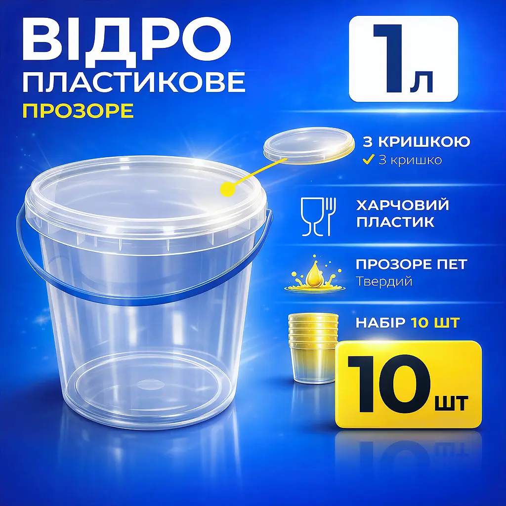 Відро харчове пластикове 1 л (з кришкою), прозоре 10 шт - фото 2
