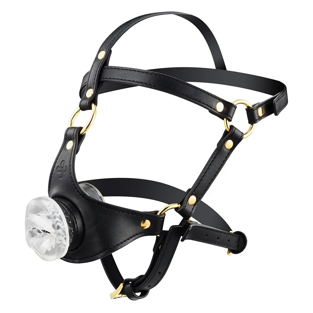 Маска-збруя для мінету LOCKINK SEVANDA Blowjob Head Harness, чорна, з м’якою вставкою у вигляді губ - фото 2