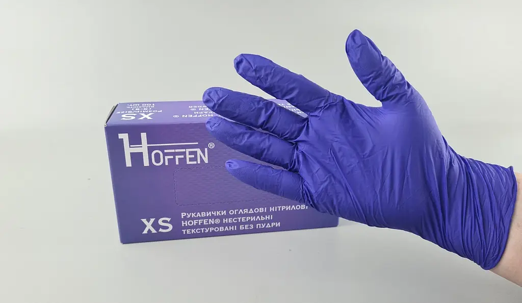 Рукавички одноразові нітрилові кобальтові HOFFEN, розмір XS, 100 шт, неопудрені, для огляду, клінінгу та сервісу - фото 3