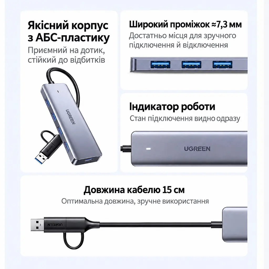 USB-хаб UGREEN CM219 подключение USB-C с переходником на USB-A 4 порта USB-A 3.0 до 5 Гбит/с вход USB-C только для дополнительного питания периферии с индикатором работы встроенный кабель 0,15 м тёмно-серый (65757) - фото 5