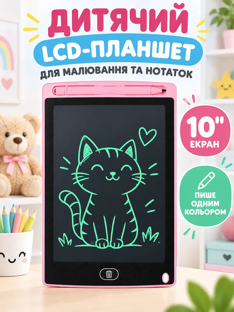 Дитячий графічний LCD планшет дошка для малювання та записів 10" + стилус, рожевий (50300102233) - фото 2