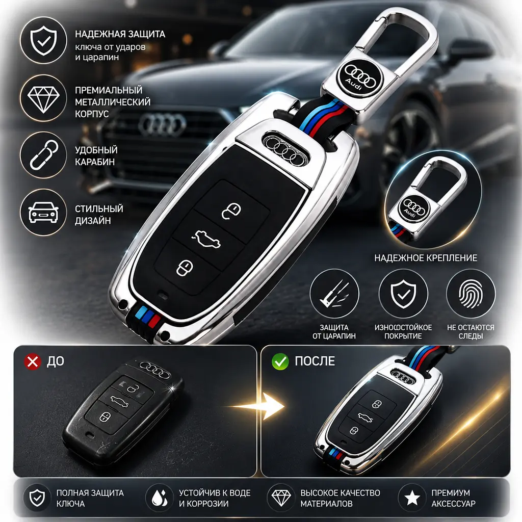 Чохол ключа №1 Audi сріблястий із декоративними смужками карабін 148 × 43 × 70 мм (метал) - фото 3