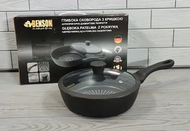 Глубокая сковорода c крышкой Benson BN-448 ⌀ 24см 2,4л антипригарное алмазное покрытие Черная - фото 9