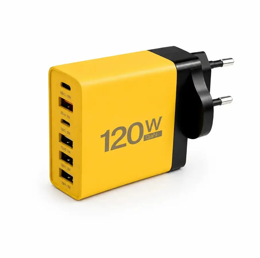 Зарядний пристрій мережевий на 6 USB-портів зі швидким заряджанням і захистом, жовтий
