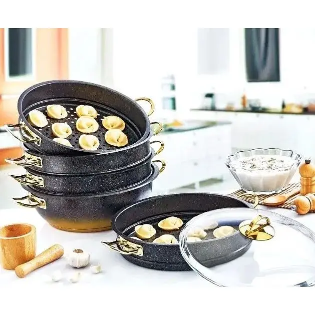 Мантоварка-пароварка O.M.S. Collection 6091-C 30 см 6.4 л с гранитным покрытием 6 предметов черный - фото 2