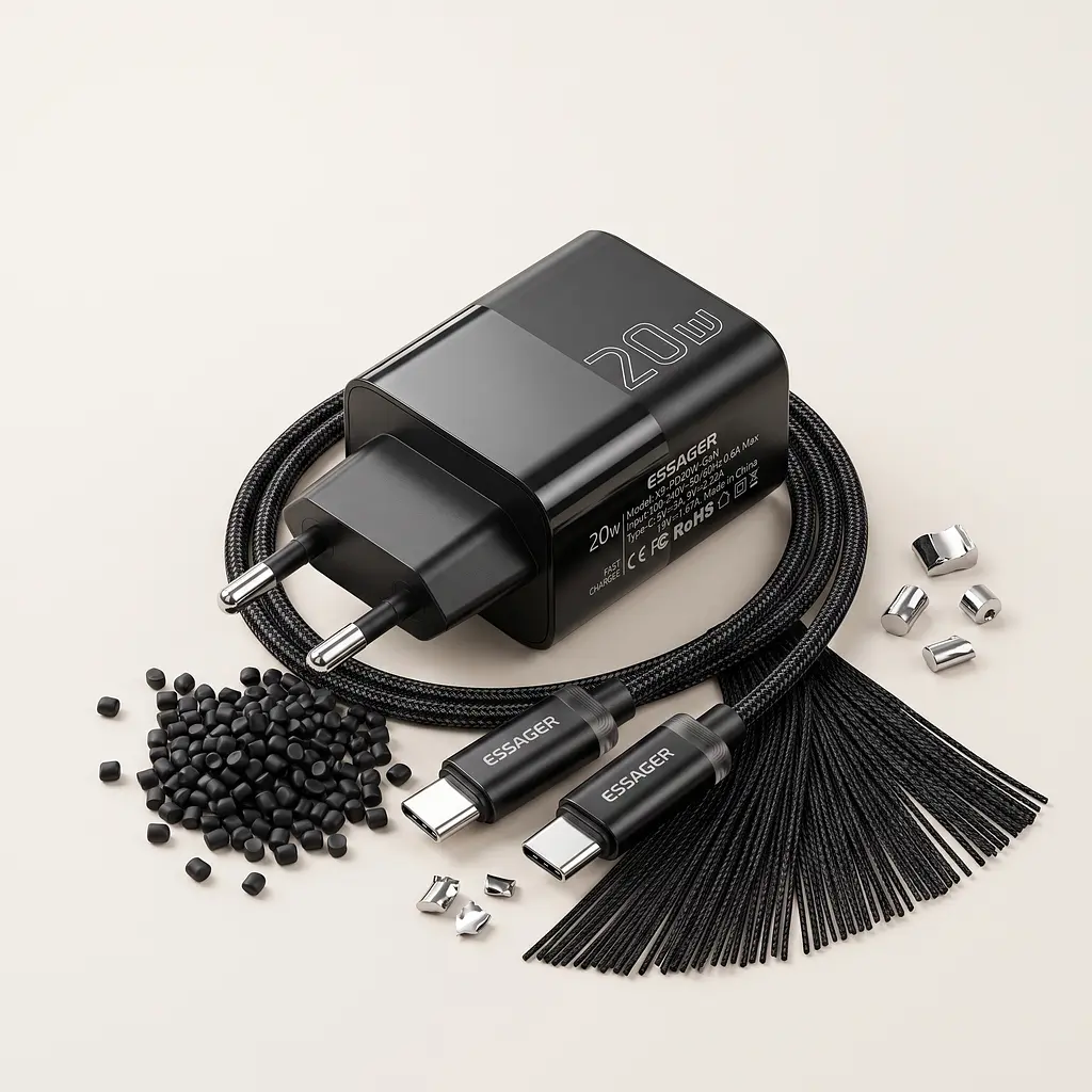 Комплект Essager: зарядний пристрій 20W (USB-C) + кабель USB-C-USB-C, EU, чорний - фото 5