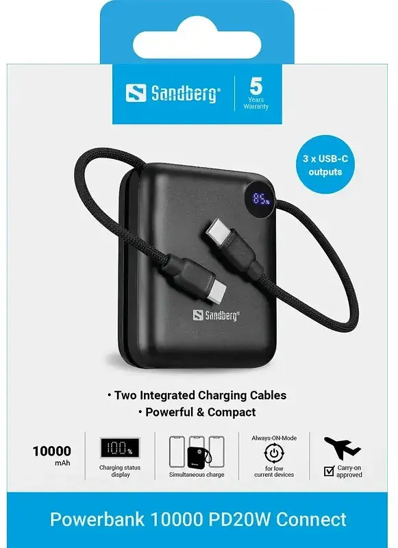 Портативний акумулятор Sandberg 10000mAh 20W PD QC3.0 USB-C In / Out PowerThru with built-in 2xUSB-C cables - фото 5