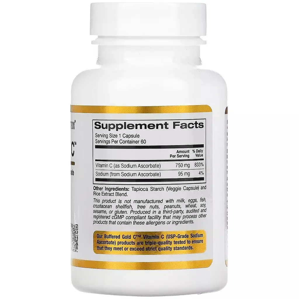 Буферизований Вітамін C California Gold Nutrition Buffered Gold C Standard Sodium Ascorbate Vitamin C 750 мг 60 вегетаріанських капсул - фото 2