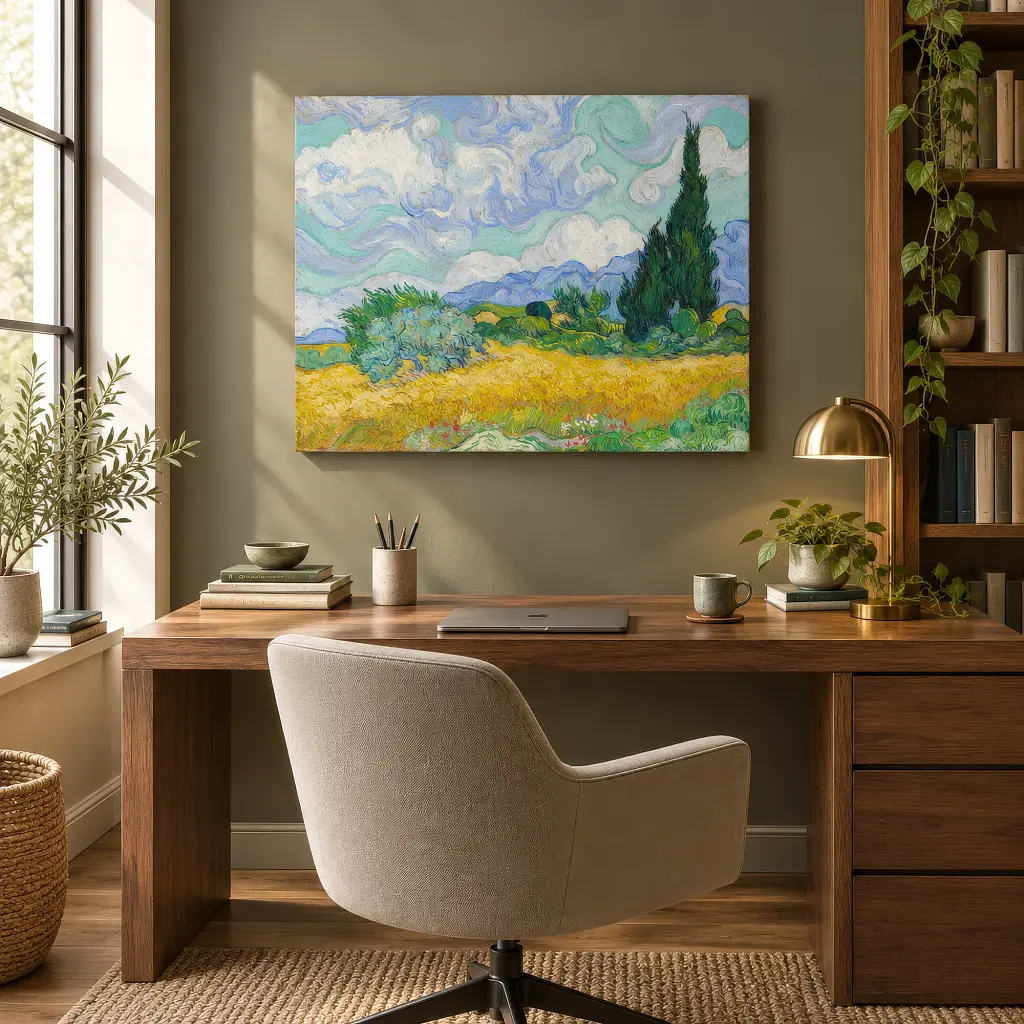 Інтер'єрна картина Пшеничне поле з кипарисами, Вінсент ван Гог, Vincent van Gogh, Wheatfield with Cypresses, інтер'єрний декор, 60×75 см (id6657) - фото 2