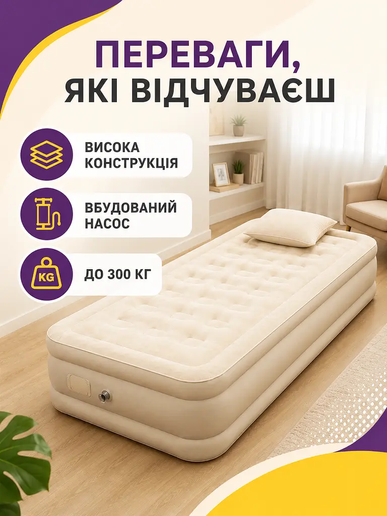 Надувне ліжко-матрац односпальне 190×100×40 см із вбудованим насосом до 300 кг і подушкою для дому та дачі (49676099) - фото 4
